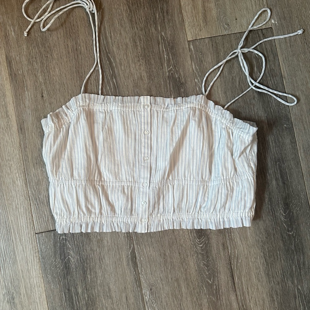 Aerie Button-Front Striped Cream Tank Top